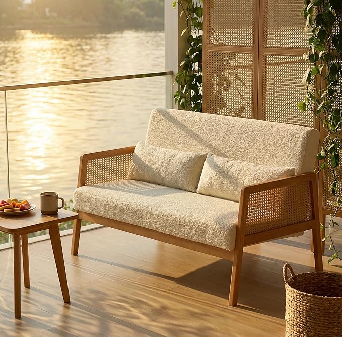 Furnimart 4ft Small Loveseat 48 Modern Rattan Settee 2-Seater Sofa with Wood Frame and Lumbar Pillows Wating Room Banquette Bench with Back Mini Couch for Apartment Office Patio Sherpa White