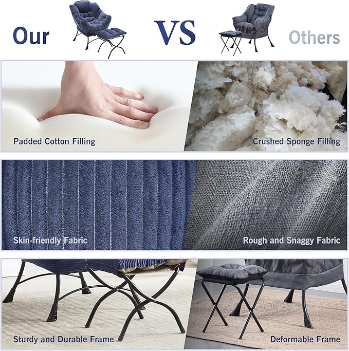 HOMEFUN Lazy Chair with Ottoman Bedroom Chairs for Adults Modern Lounge Accent Chair with Armrests Ergonomic Footrest for Small Spaces Comfy Reading Chair for Living Room Bedroom Office Navy