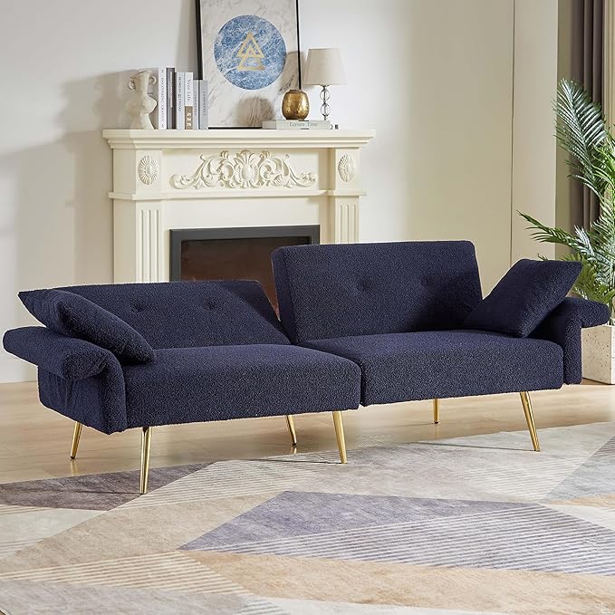 69.5'' Futon Loveseat Sofa Bed Comfy Teddy Upholstered Folding Couch with Adjustable Backrest and ArmrestsSleeper Couches with Side Pocket and Gold Metal Legs for Living Room (Dark Blue)