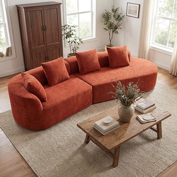 Merax 2-Piece 116 L-Shaped Modular Sectional Sofa Set 4 Seat Fully Assembled Curved Upholstery Couch with High-Density Compressed Sponge Chaise Lounge &amp 4 Pillows for Living Room Orange