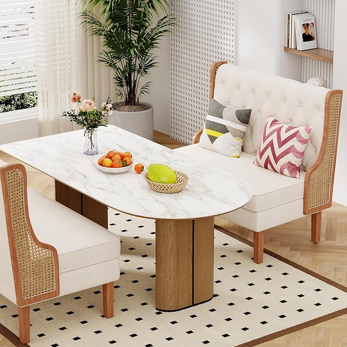 Andeworld Loveseat Settee Bench with Natural Rattan ArmsUpholstered Modern High-Back Mini Sofa CouchBanquette Dining Bench Love Seat for Living Dining Room Bedroom Office Small Space EntrywayBeige
