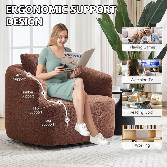 Swivel Accent Chair 360° Rotating Barrel Chair with Teddy Fleece Upholstery &amp High-Resilience Sponge Cushion Easy Assembly Single Sofa for Living Room Bedroom or Apartment (Brown)
