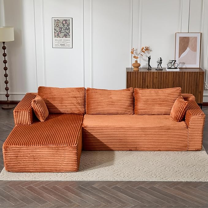 110 Modular Sectional Boneless Couchw ith Chaise LoungePlush Corduroy Upholstered Cloud CouchDeep Seat L-Shaped Floor SofaCompressed Packaging for Easy DeliveryNo Assembly NeededOrange