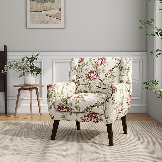 Accent Chair Modern Linen Blend Arm Chair for Living Room Bedroom Comfy High-Resilient Sponge Reading Chair for Small Spaces (Pattern Red Floral Set of 2)