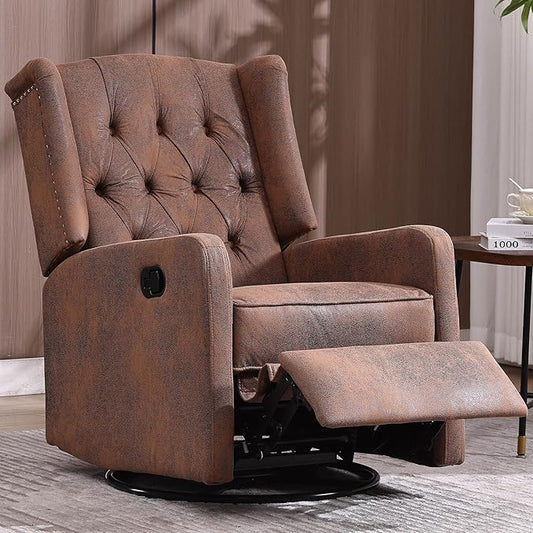 Glider Recliner Nursery Chair Cozy Microsuede Rocking Chair Nursery Recliner with Adjustable Button Backrest and Footrest Swivel Recliner Chair for Living Room Bedroom Office (Coffee)