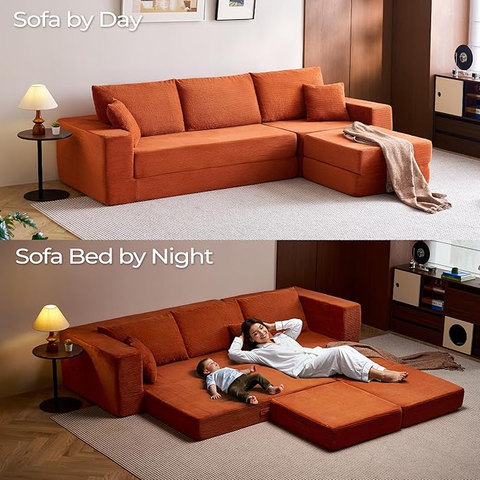 LINSY HOME Oversized Convertible Sofa Bed with 2 Pillows &amp Ottoman Corduroy Boneless Couch Folding Modular Sleeper Sofa L Shaped Couch Floor Sofa for Living Room Apartment Upgrade Backrest (Ora