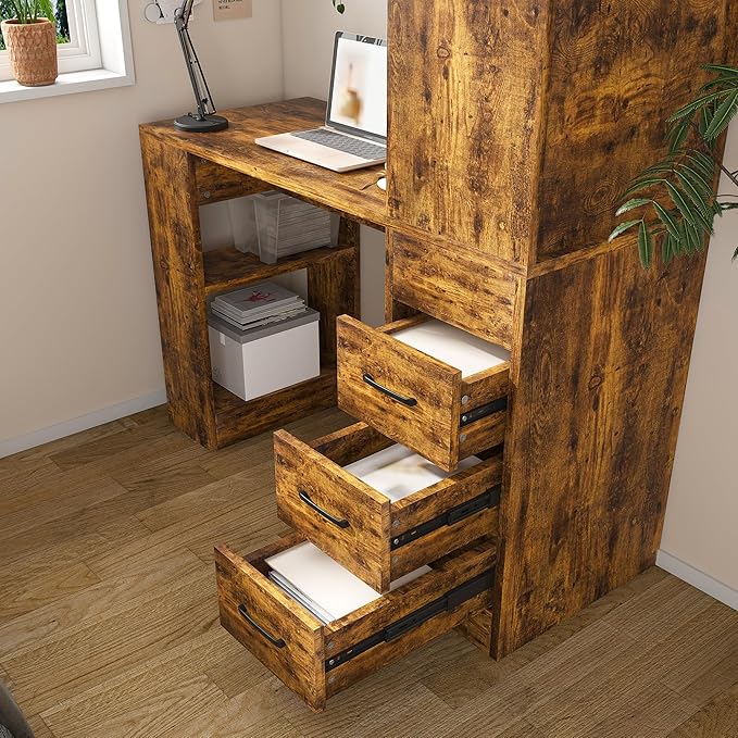 Montary Computer Desk with 4-in-1 Socket &amp 3 Drawers - 4-Tier Storage Shelves Carbonized Wood Finish Compact Workstation for Home Office Study or Bedroom Rustic Brown