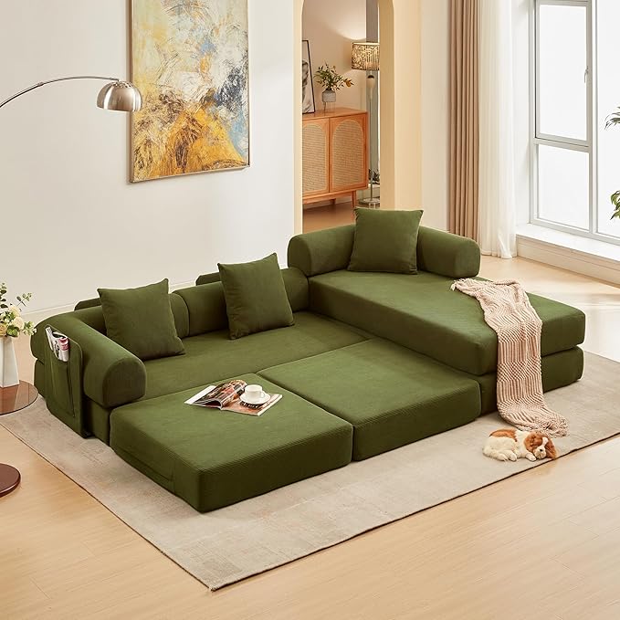 L Shaped Modular Sofa Bed with Cylindrical Pillow &amp Reversible Chaise Corduroy Folding Floor Convertible Sofa Couch Bed with Fixed-Shape Frame &amp Storage Pocket for Living Room Green