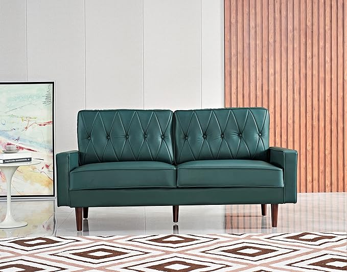 Container Furniture Modern Style Faux Leather Sofa with Elegant Round Tapered Legs and Button Tufted Backrest Perfect for Living Room Bedroom or Home Office 69.3’’ Wide Blue Green