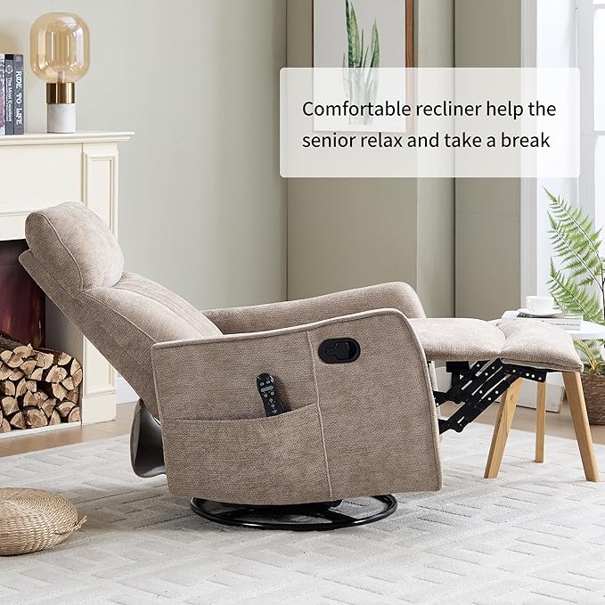 Khaki 360° Swivel Rocker Recliner Chair Massage Reclining Chair with 8-Point Vibration &amp Lumbar Heat for Adults Elderly 155° Recline Easy Assembly for Living Room