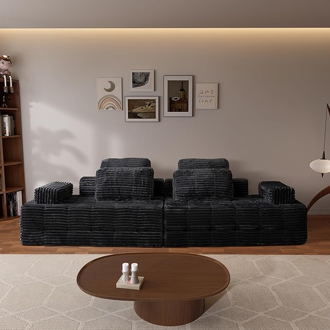 113 Modular Boneless Couch with 2 Movable Armrests Plush Corduroy Sectional Sofa Loveseat Ergonomic Memory Foam Straight-Row Cloud Couch for Living Room Bedroom Lounge Black