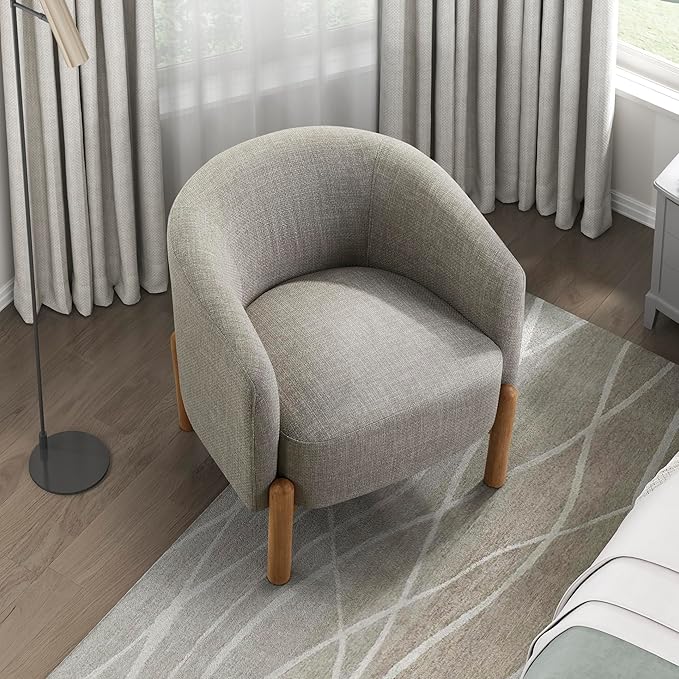 Lexicon Modern Accent Chair Textured Fabric Barrel Seat with Solid Wood Legs Upholstered Single Sofa Chairs for Living Room/Bedroom/Office/Apartment Taupe
