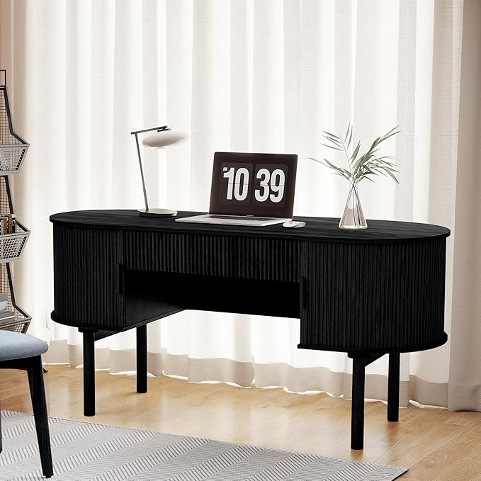 Executive Office Desk with Storage 63 Inch Large Computer Workstation Desk with Drawer and File Cabinets Mid Century Modern Fluted Wood Writing Desk for Home Office Study Room Living Room Black