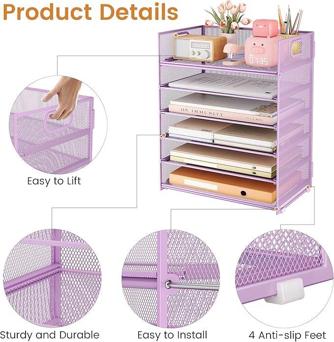 Subekyu 6-Tier Desk Paper Organizer Desktop File Letter Tray with Handle Document Sorter and Accessories Holder for Office Home and School Workspace Organizers Purple-2 Pack