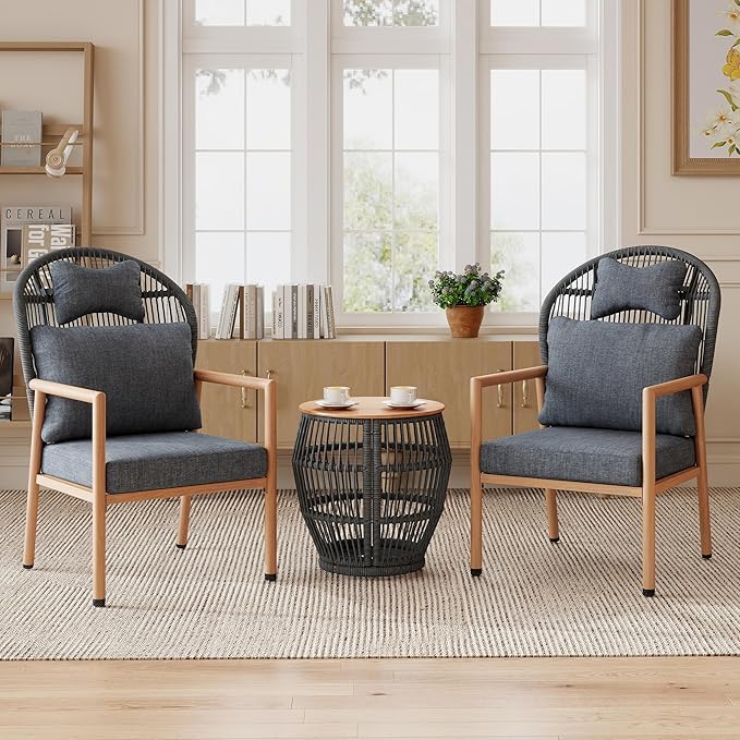 DAYRAUS Living Room Chairs Accent Chairs Set of 2 with Coffee Table Rattan Braid Arm Chair Comfy Reading Lounge Chair 3 Pieces Living Room Furniture Sets Bedroom Armchair for Outdoor Dark Gray