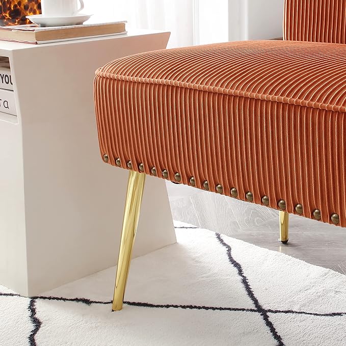 Modern Upholstered Pleated Velvet Accent Chair Tufted Dining Office Chairs Armless Slipper Chair Mid-Century Side Chair Single Luxury Sofa Chair with Golden Legs for Living Room Small SpaceOrange