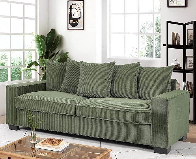 Luxe Corduroy Sofa with 5 Matching Toss Pillows Sleek Design Spacious and Comfortable 3 Seater Couch for Modern Living Room 88 Wide Dark Green
