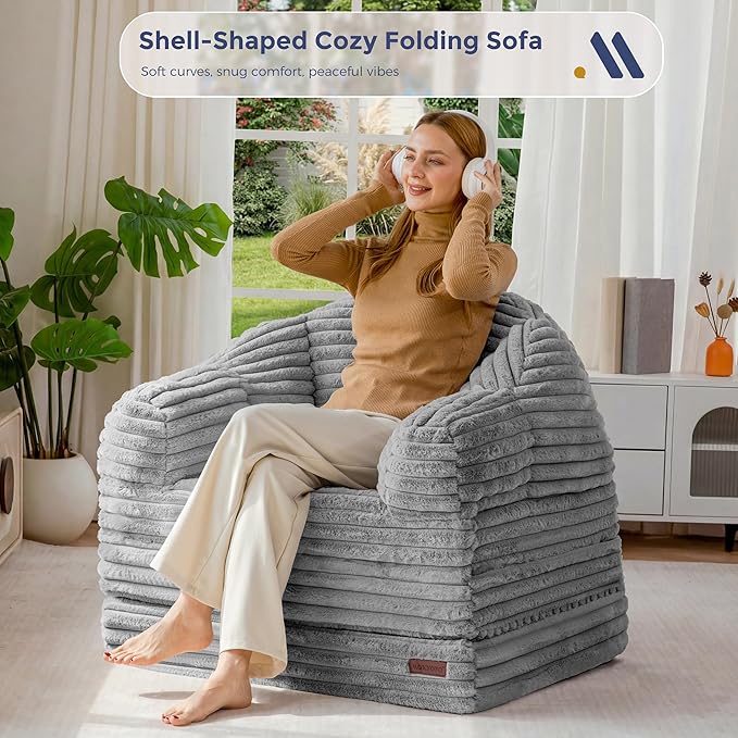 MAXYOYO Folding Sofa Bed 2 in 1 Convertible Sofa to Lounger Comfy Faux Fur Bean Bag Chair for Adults Floor Single Sleeper Couch Chair with Handle Couch Bed for Living Room Bedroom Grey