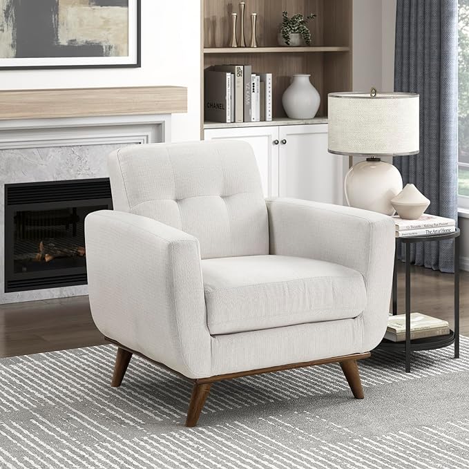 Lexicon Modern Accent Chair Textured Fabric Upholstered Armchair with Brown Wood Legs Track Arms Tufted Chair Back for Living Room/Office/Waiting Room Beige