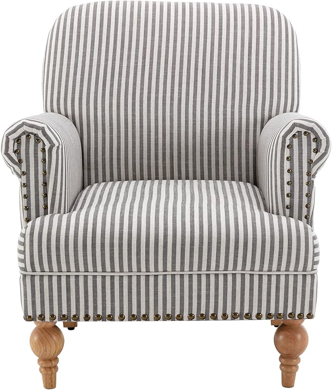 Black Striped Linen Fabric Accent Chair Modern Farmhouse Upholstered Armchair with Nailhead Trim &amp Ball Turned Wood Legs Cottage Club Chair for Living Room Bedroom Guest Room