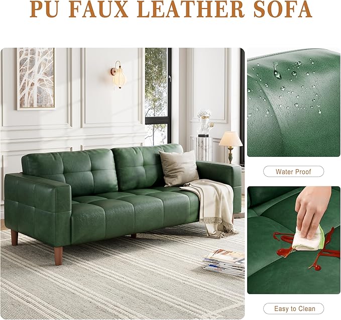 GarveeHome 3-Seater Sofa Couch 83 in Wide Faux Leather Sofa Couch with Spring Cushion Modern Sofa with Deep Seats and 2 Removable Back Cushions for Living Room Bedroom Apartment Office Green