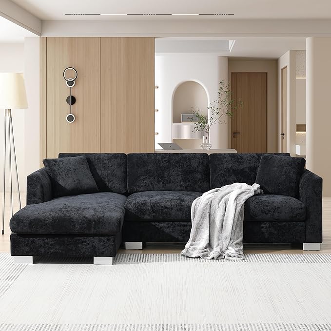 WILLIAMSPACE 96 Cloud Sectional Sofa Couch for Living Room Modern Upholstered L-Shape Sofa 3 Seater Couch with Oversized Chaise Contemporary Corner Sofa for Apartment Chenille (Left-FacingBlack)