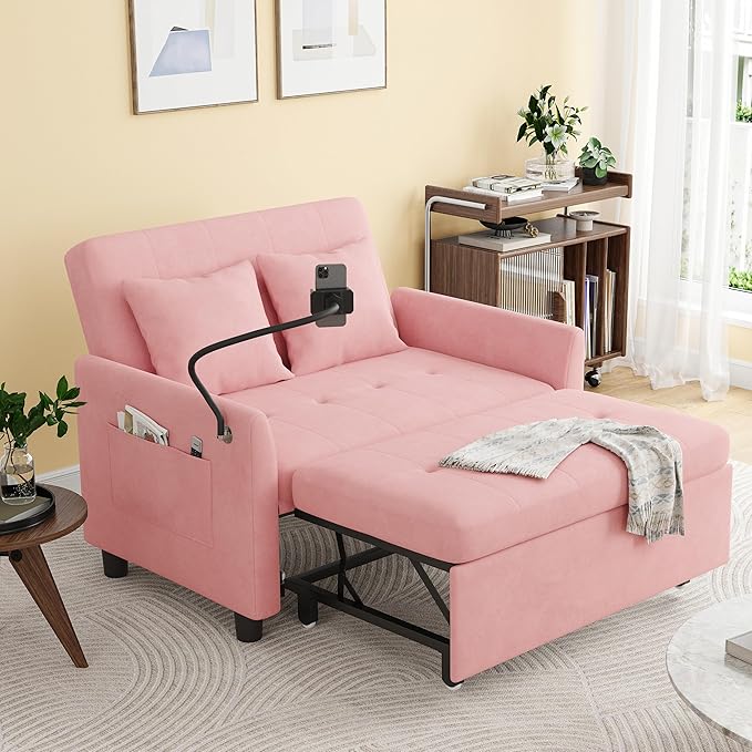 3 in 1 Convertible Pull Out Sleeper Couch Sofa Bed Small Loveseat Futon Bed 46 Velvet Love Seat with Pillow and Phone Holder for Living Room Pink