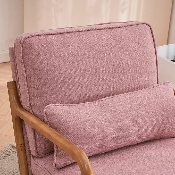 Karl home Accent Chair Mid-Century Modern Chair with Pillow Upholstered Lounge Arm Chair with Solid Wood Frame &amp Soft Cushion for Living Room Bedroom Balcony Linen Pink (Low Back)