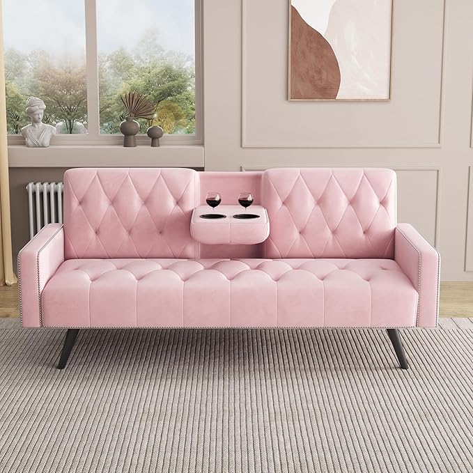 70” Velvet Futon Sofa Bed with 2 Cup Holders Convertible Sleeper Bed Modern Loveseat for Living Room Bedroom Pink