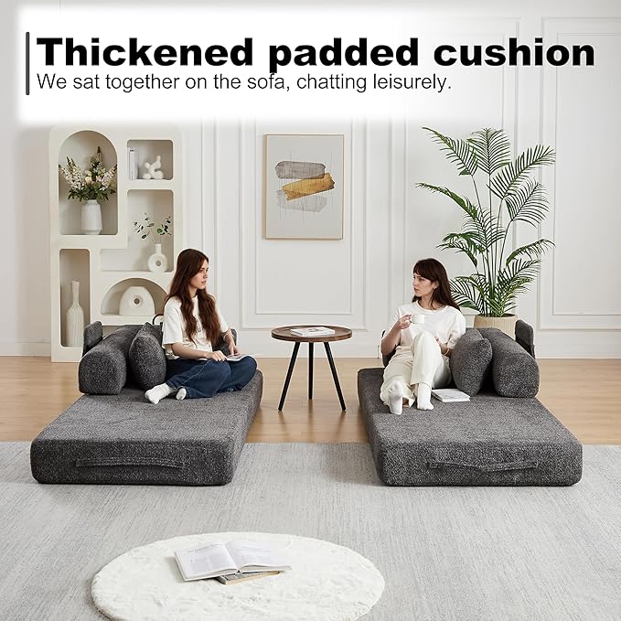 78.7 Chenille 4-in-1 Folding Convertible Sofa Bed Boneless Couches with 4 Pillows &amp Convenient Side Pockets Comfy Foldable Compressed Sofa in Box Floor Sofa Lounge Couch for Living Room(Gray)