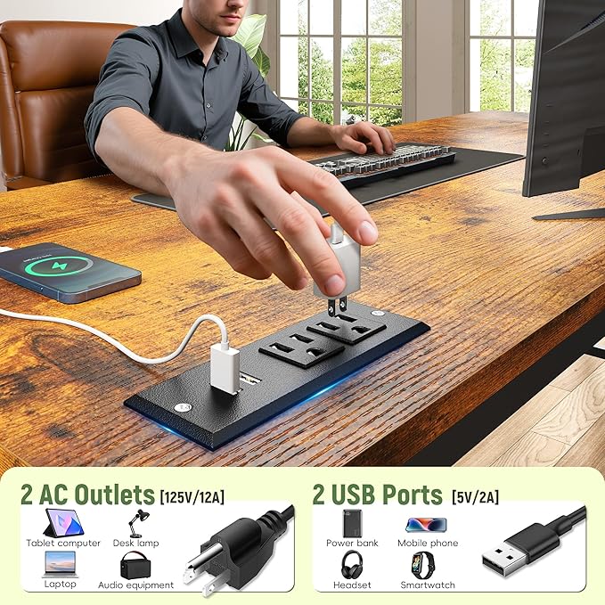 39.3Inch Office Desk with Power Outlet &amp Drawer Gaming Desk with CPU Stand&amp LED LightsComputer Desk with Ergonomic Monitor Stand for Small SpaceRustic Brown