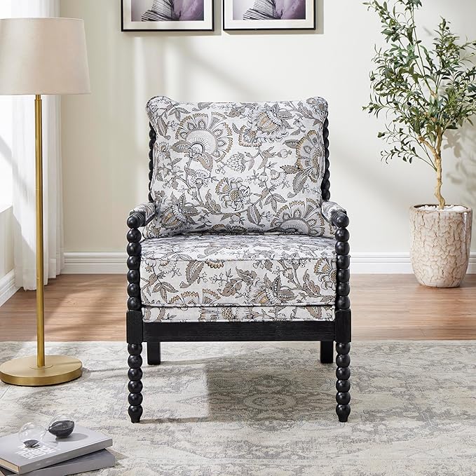 Roundhill Furniture Belvoir Upholstered Spool Accent Chair with Turned Wood Frame Floral with Black Finish