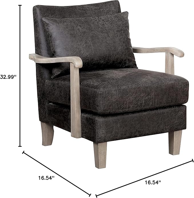 HOMES: Inside + Out Turney Faux Leather Upholstered Arm Chair with Pillow Back and Wooden Arm for Living Room Bedroom Light Gray