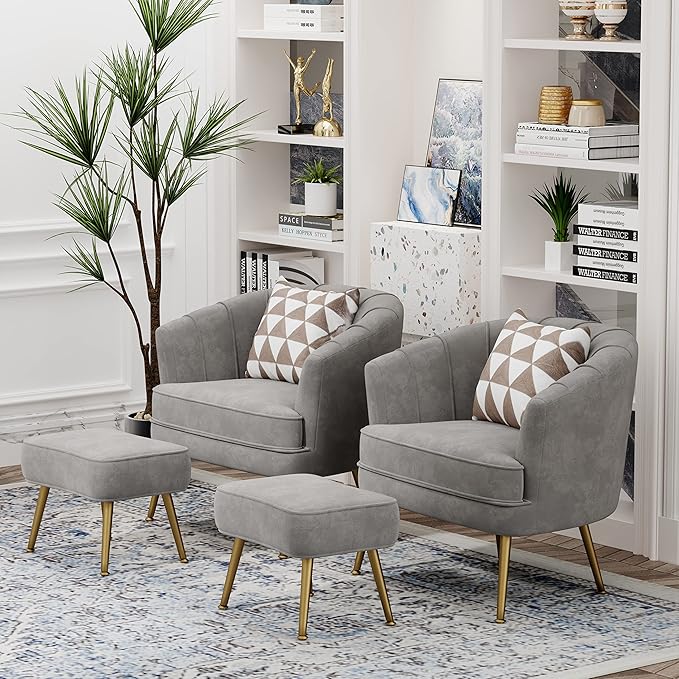 Andeworld Velvet Accent Chair with Ottoman Upholstered Modern Single Sofa Side ChairComfy Barrel Club Living Room Armchair with Golden Metal Legs for Bedroom Living Reading Room Office Grey