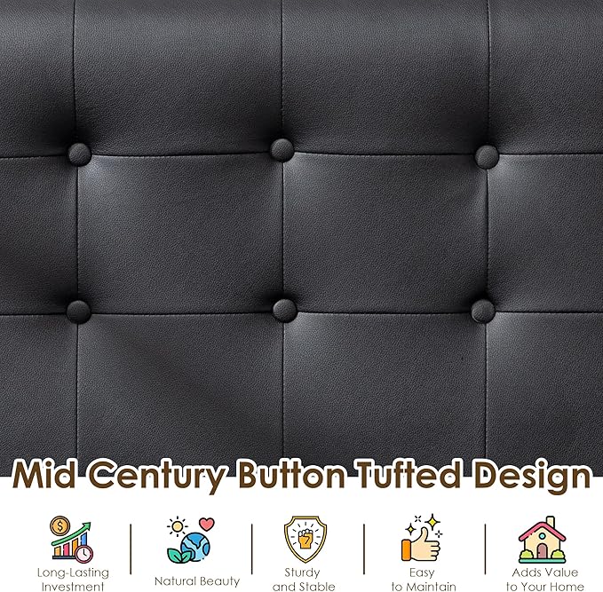 STHOUYN Black Small Leather Couch for Office Booth Seating 2 Person Waiting Room Bench Couch Mid Century Modern Loveseat Wood Sofa (Black)