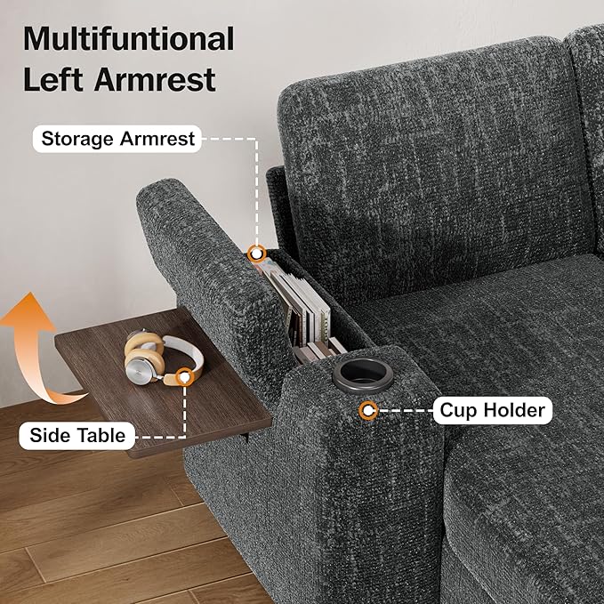 Vipbear 86 Modular Sectional Sleeper Sofa with Pull Out Bed 5 Seat Chenille L Shaped Couch with USB Ports|Cup Holders|Side Table|Storage Seat Armrests Tool Free Assembly Grey