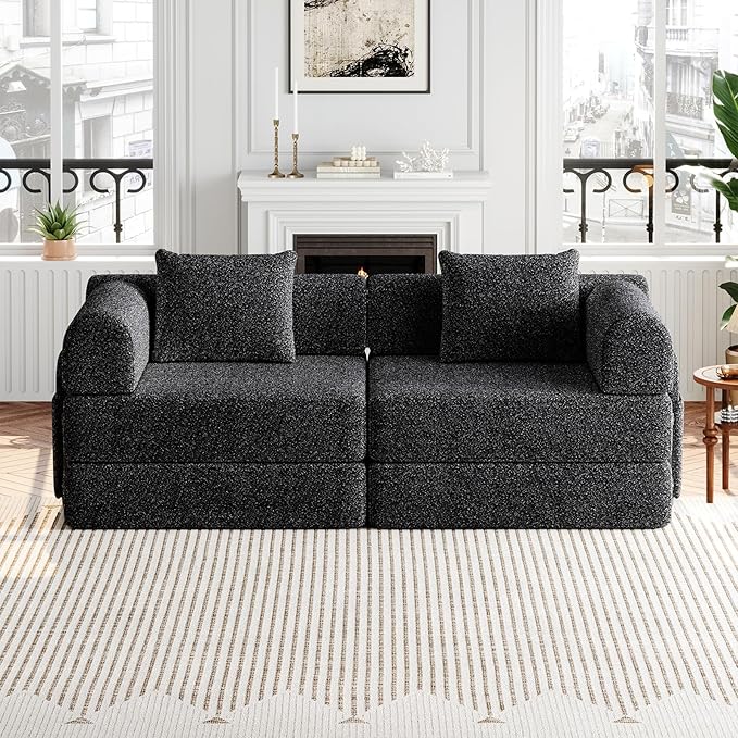 Convertible Sofa Bed 72.4+ 72.4 Sectional Couch 4-Seater with Storage Pockets Modular Sleeper Couch Chenille Folding Floor Boneless Lounge Sofa for Living Room Guest Room Black