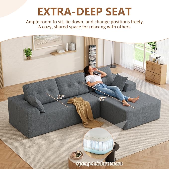 Ball &amp Cast 106 Modular Sectional SofaCloud Chenille Couch with Deep SeatBoneless L-Shaped SectionalModern Comfort Upholstered Sofa for Living RoomNo Assembly Required (Gray Right Facing Cha