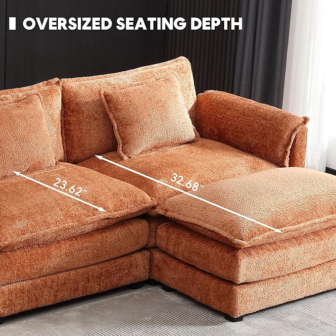 Modern 77 L Shaped Sectional Sofa Cloud Couch Chenille Comfy Boucle Modular loveseat Sofa Upholstery Sofa with Ottoman &amp Memory Foam for Living Room Orange