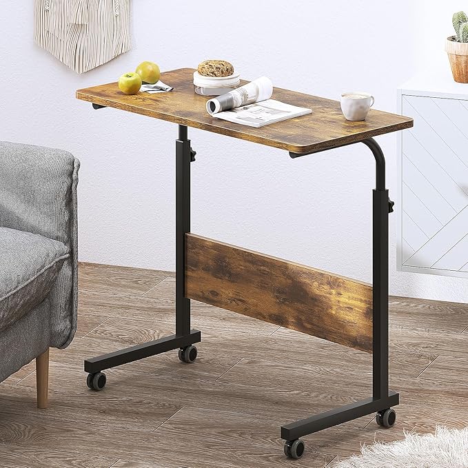 DlandHome Rolling Desk Adjustable Standing Desk Mobile Side Table 31.4 Inches w/Wheels Adjustable C Table Movable Portable Laptop Computer Stand for Bed SofaRetro