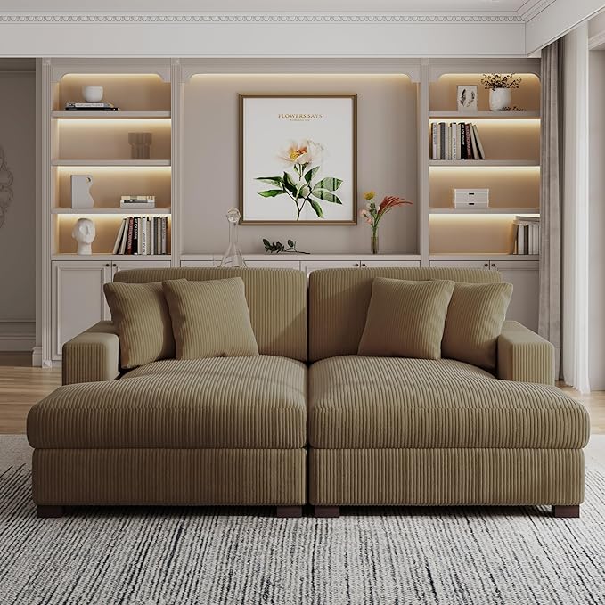 82.6 W Oversized Double Chaise Lounge Sofa Couch Comfy Corduroy Sleeper Sofa Bed with Deep Seat Modern Upholstered Cloud Couch with Pillows for Living Room Camel