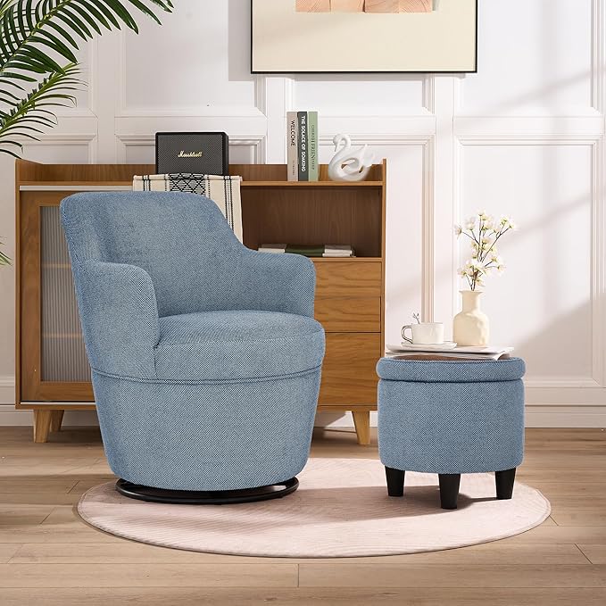 Swivel Accent Chair with Ottoman Fabric Small Barrel Chair with Footstool Modern Round Bedroom Chair for Living Room Blue