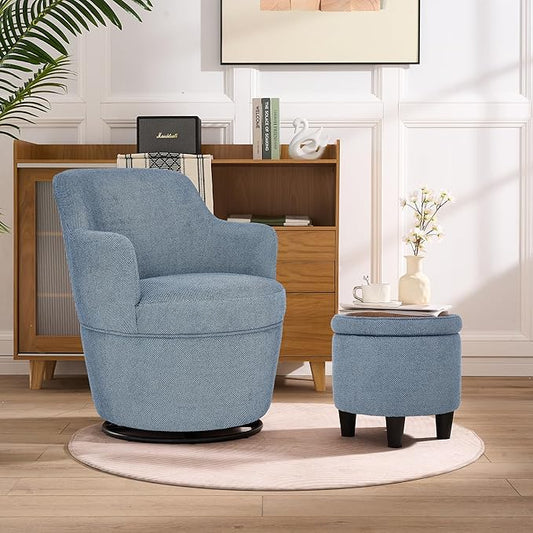 Swivel Accent Chair with Ottoman Fabric Small Barrel Chair with Footstool Modern Round Bedroom Chair for Living Room Blue