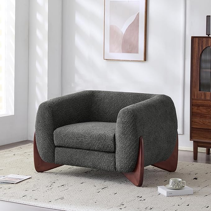 Christopher Knight Home Holly Modern Boucle Fabric Upholstered Club Chair for Living Room Home Office Apartment Relaxing Chair with Removable Cushion and Birch Wood Legs Dark Gray + Walnut