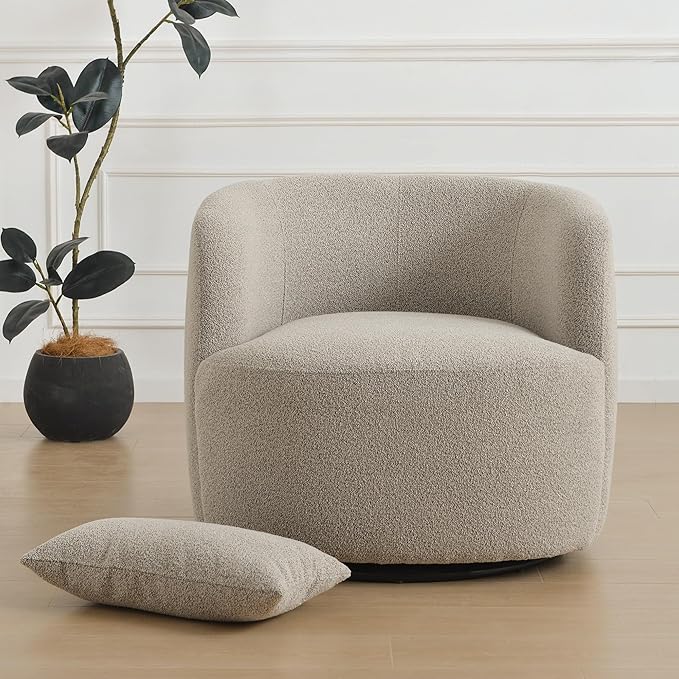 KINWELL 34 Wide 2 Boucle Swivel Barrel Chairs and 2 Ottomans Set Fully Assembled Sherpa Accent Chairs and Footrest Set Modern Comfy Armchairs and Footstool for Living Room and Bedroom Taupe