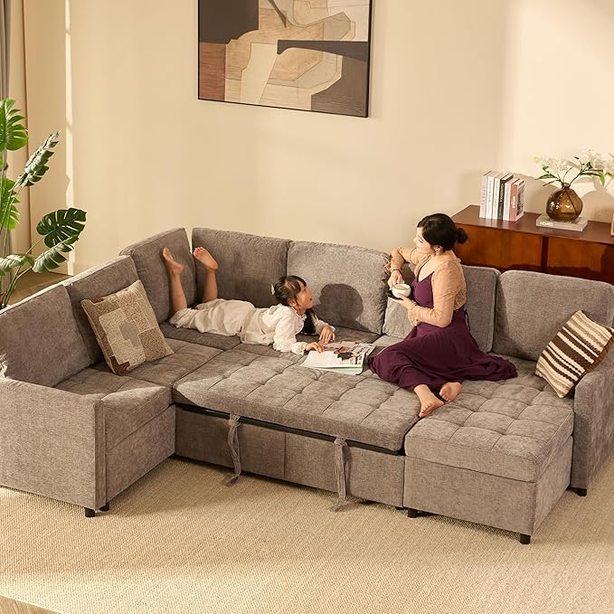 107 Modular Sectional Sleeper Sofa Set of Modular Pieces with Pull Out Bed U Shaped Sectional Couch with Storage Extra Wide&ampDeep Seat Couches for Living Room Removable Sofa Cover Chenille-Sl