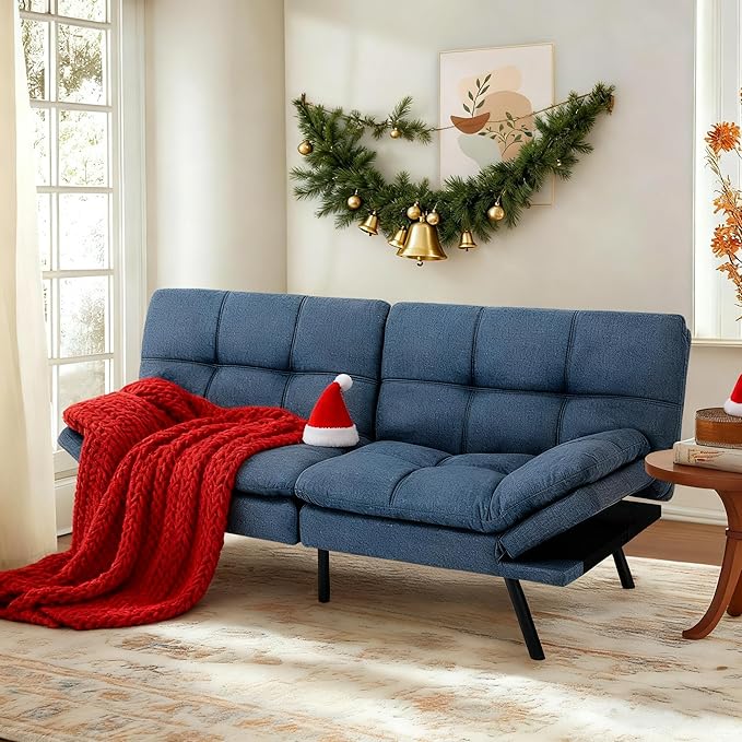 MUUEGM 71-Inch Convertible Futon Sofa Bed with Adjustable Backrest &amp Removable Armrests Foldable Sleeper Loveseat for Small Space Living Room Studio Apartment Home OfficeBlue