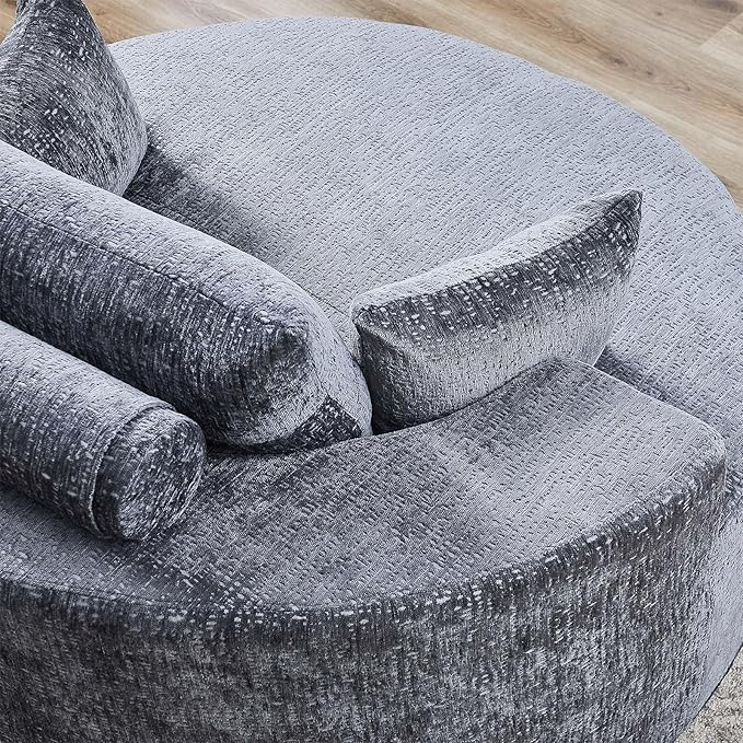 Modern Round Accent Sofa Chair for Living Room Upholstered Chenille Barrel Lounge Arm Chair with Large seat&ampThrow Pillows for Bedroom Office Apartment Grey
