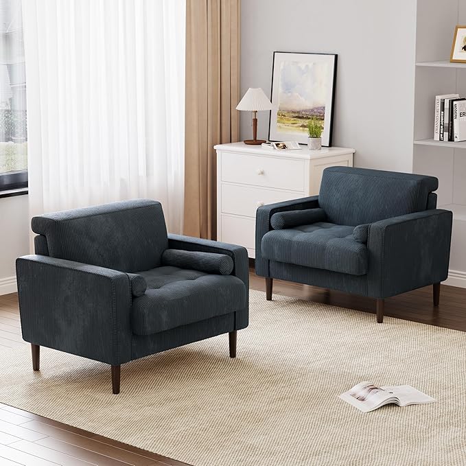 34.5 Arm Chair Set of 2 Corduroy Fabric Modern Accent Chairs Comfy Upholstered Armchair Reading Chair with Solid Wood Legs for Living Room Bedroom Office Navy Blue