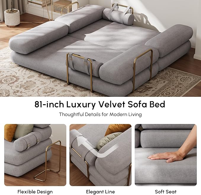 homary Velvet Futon Sofa Bed 81 3-Seater Convertible Couch with Detachable Pillows Stainless Steel Legs Modern Sleeper Sofa for Living Room &amp Apartment (Light Gray)